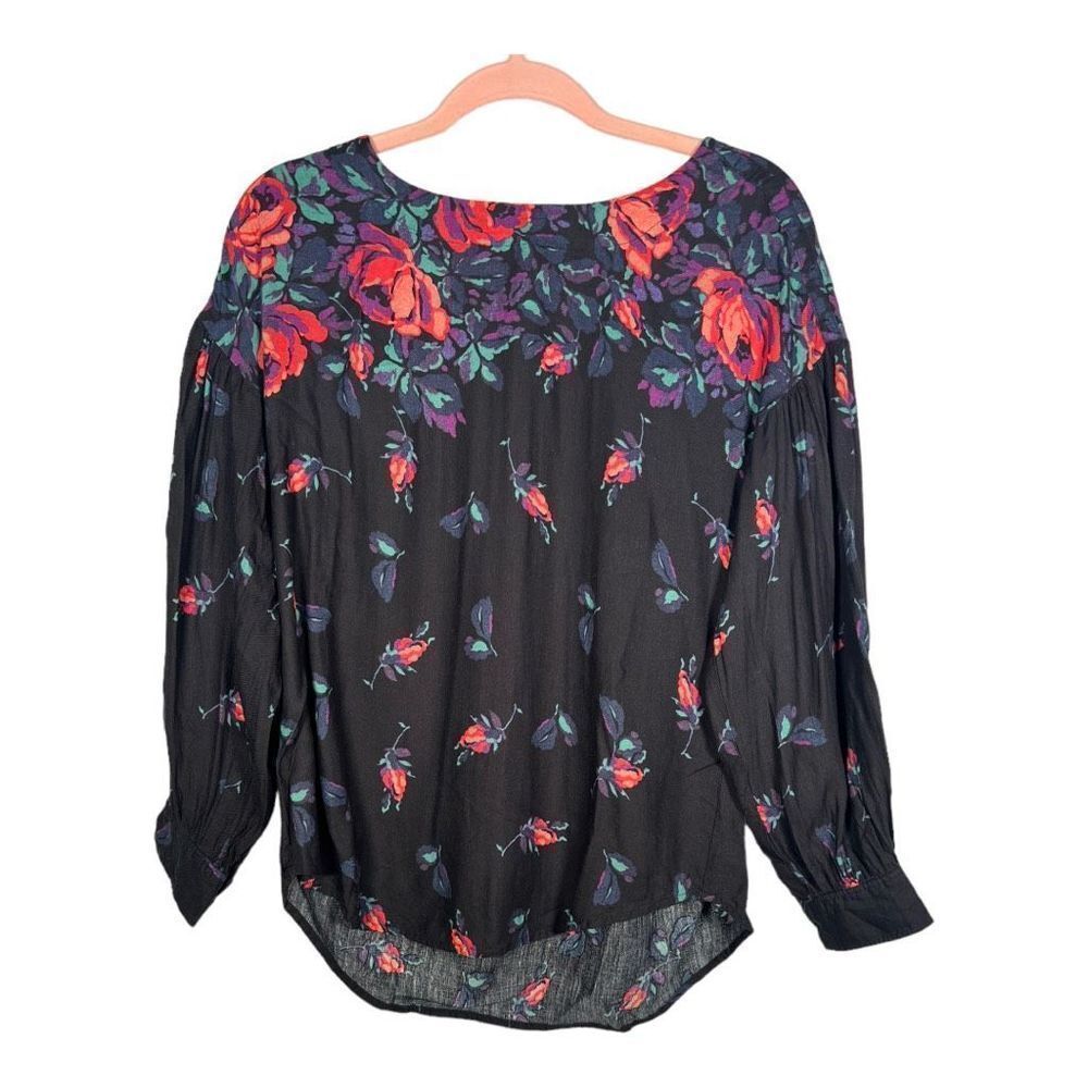 Maeve Anthropologie Black Floral Gardenie Longsleeve Boat Neck Blouse Size XS